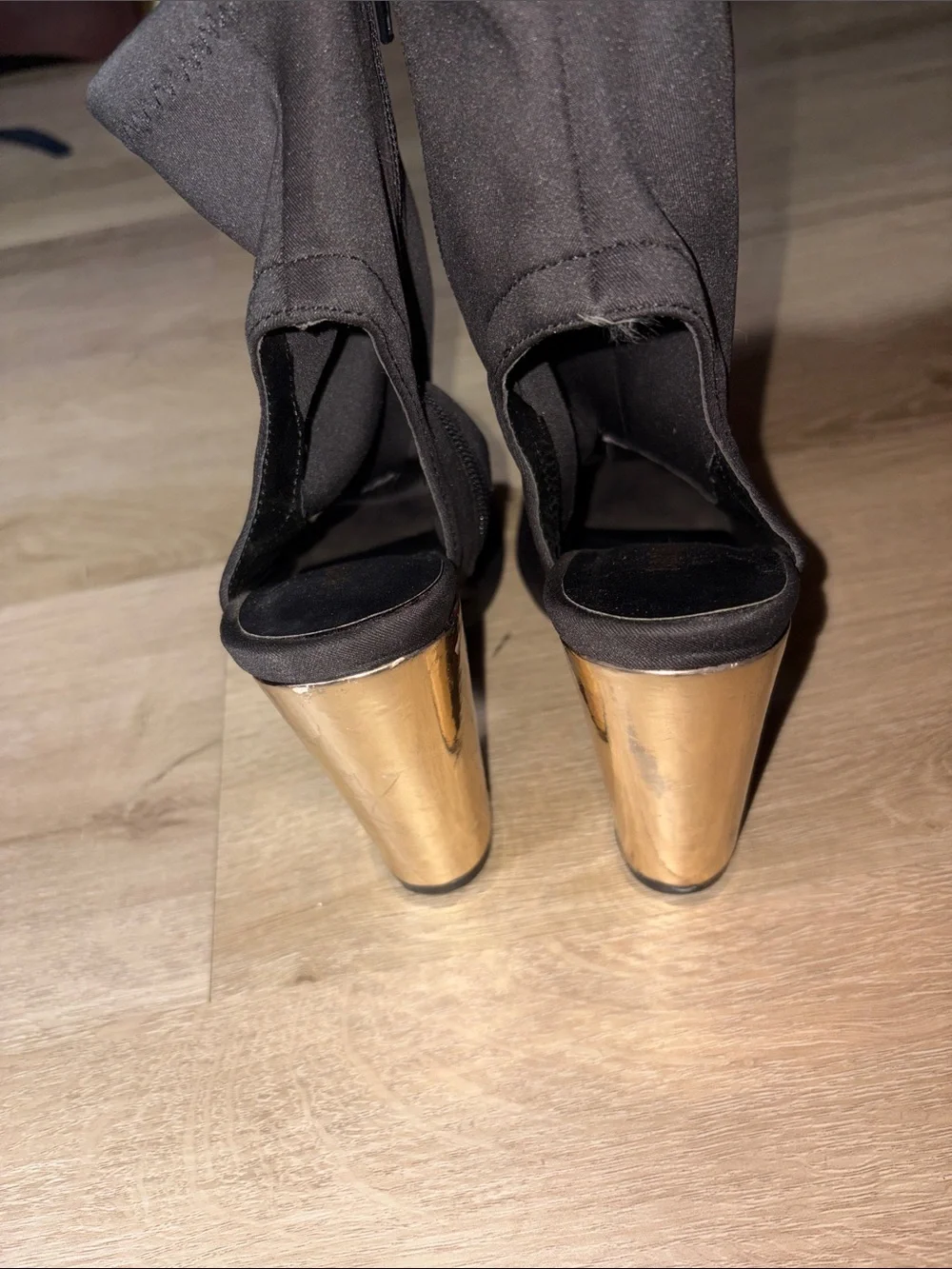 Black Open-Toe Stretch Bootie Heels with Gold Block Heel